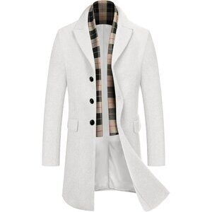 Men's White Trench Overcoat Wool Blend Coat with Detachable Single Breasted